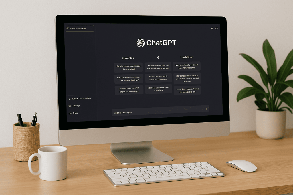 Office desk and a computer screen displaying the OpenAI ChatGPT interface. ChatGPT for business