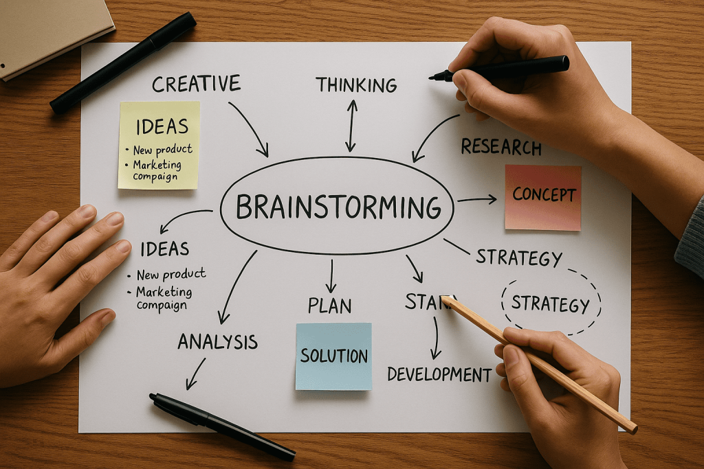 A photo showing people working on brainstorming. When you use ChatGPT for business, brainstorming becomes super easy