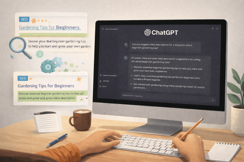 A concept image showing ChatGPT providing meta description suggestions for a blog post, illustrating how AI can assist in writing SEO meta tags.